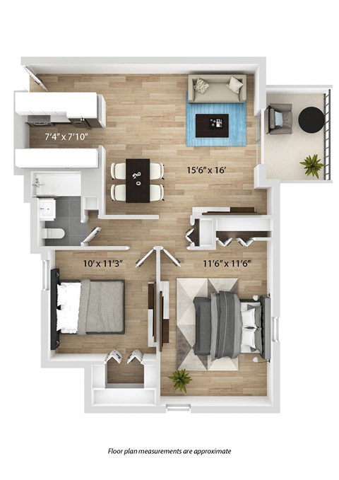 Floor plan for 2 beds, 1 bath, 752 sqft